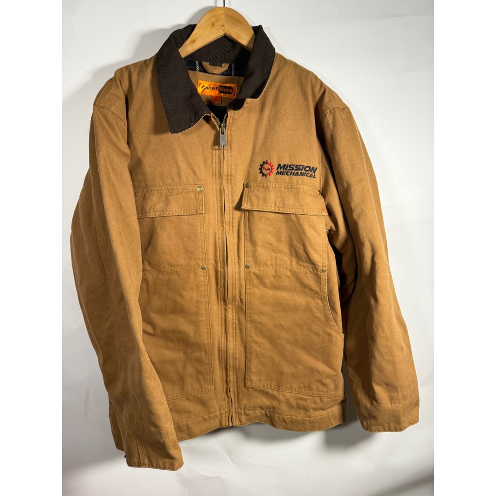 CornerStone Mens Duck Cloth Work Jacket‎ Tan Flannel Lined Mission Mechanical L